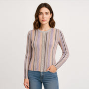 Crew Neck Mixed Yarn Striped Cardigan