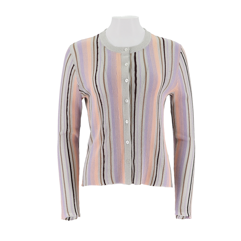 Crew Neck Mixed Yarn Striped Cardigan