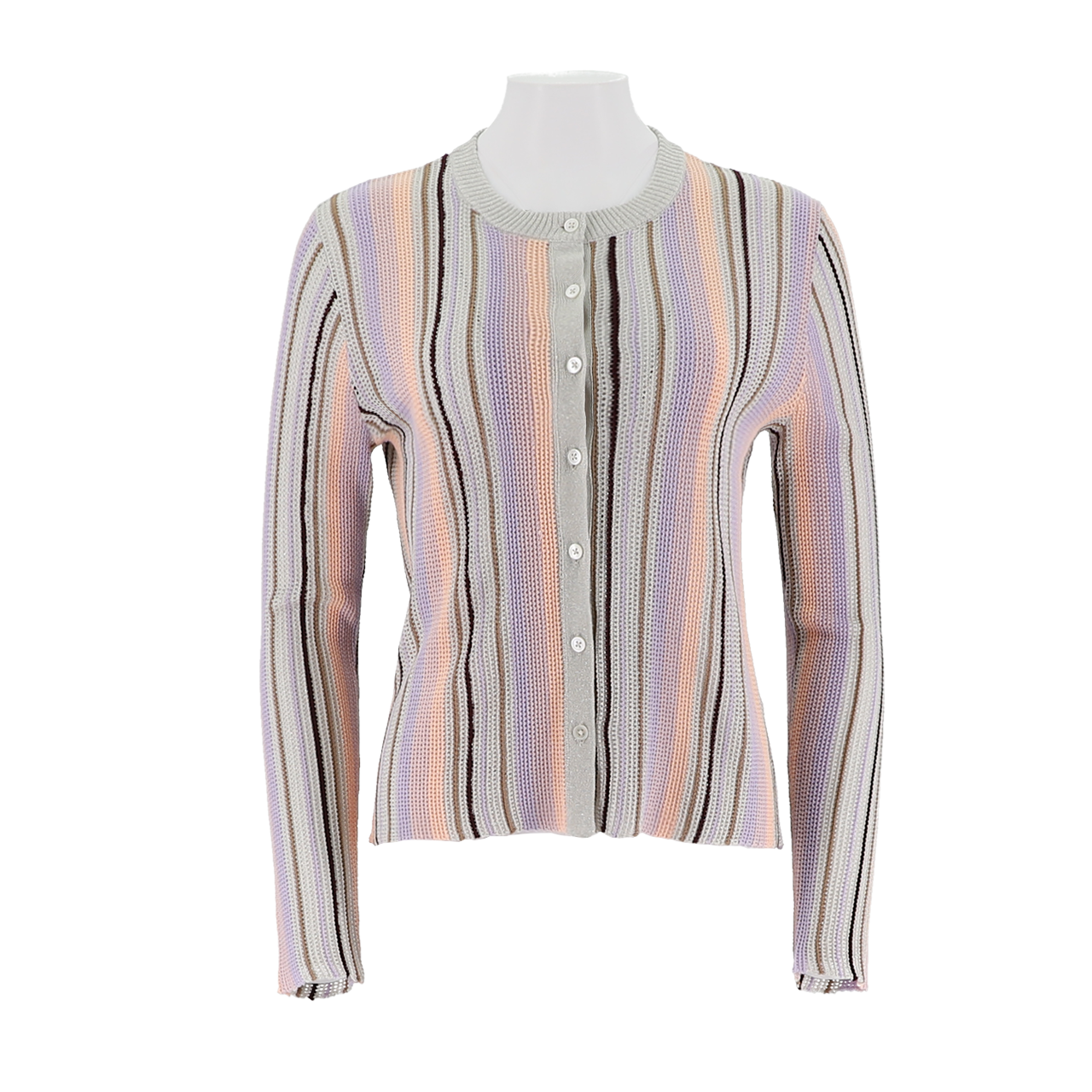 Crew Neck Mixed Yarn Striped Cardigan