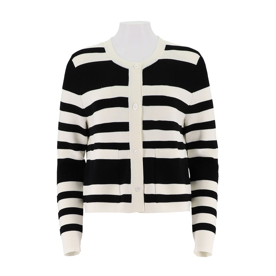 Crew Neck Striped Button Up Cardigan