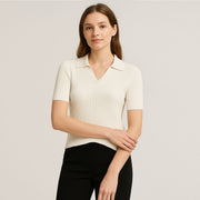 Polo Collar Short Sleeve Ribbed Top