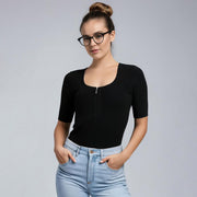 Fitted U-Neck Half Zip Knit Top