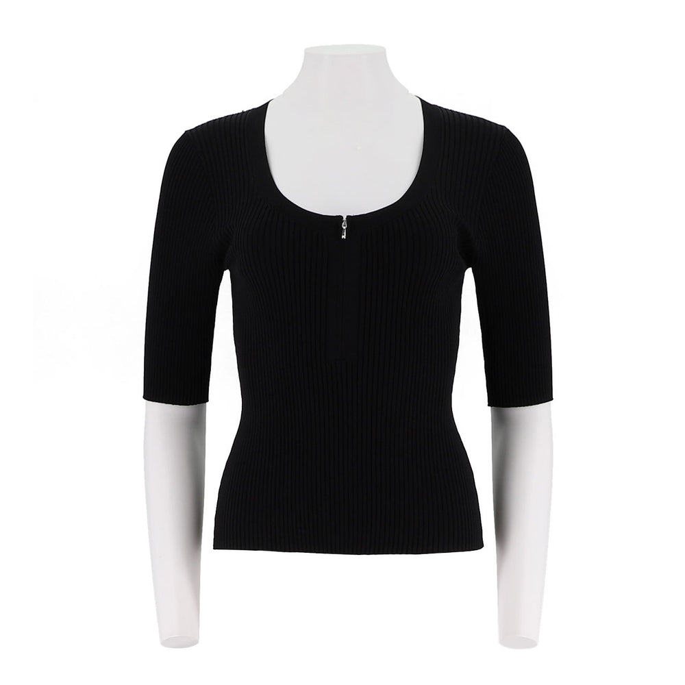 Fitted U-Neck Half Zip Knit Top