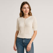 Mixed Stitch Short Sleeve Button Up Cardigan