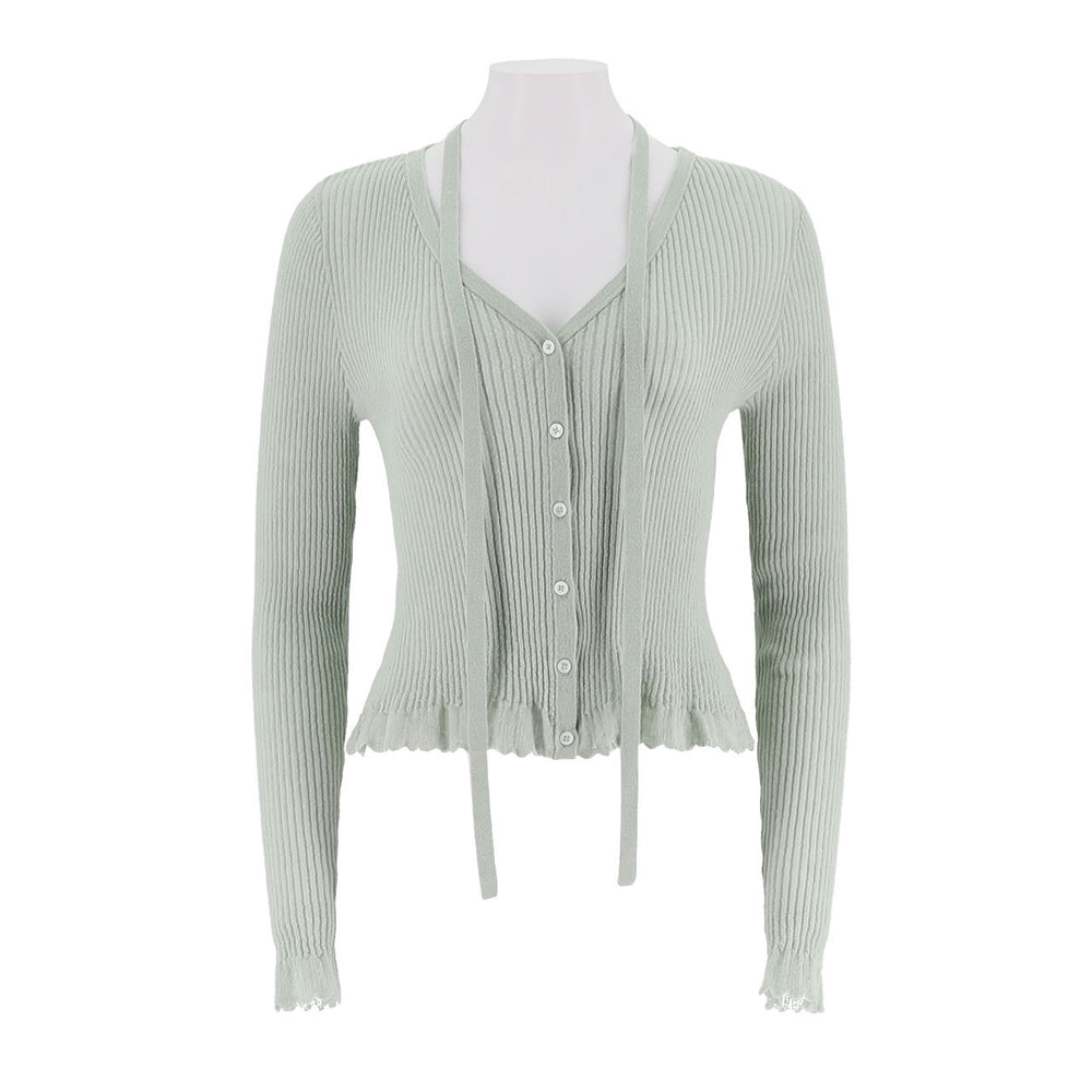 Ribbed Cardigan With Detachable Neck Tie