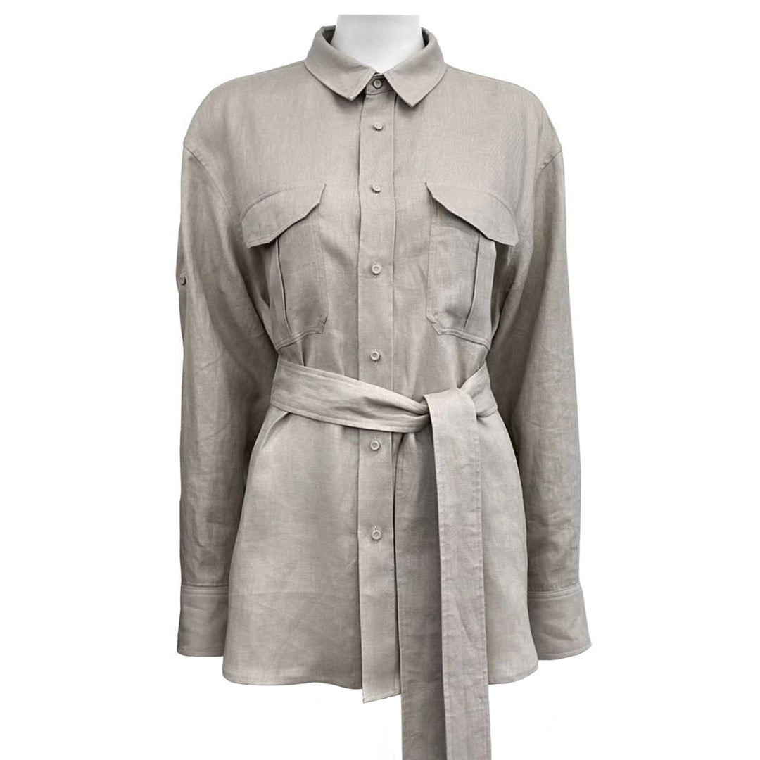 Linen Lace Up Long Sleeved Shirt