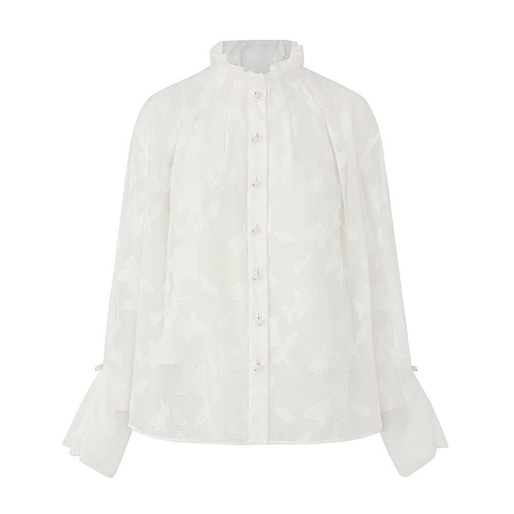 Textured Floral Stand Collar Long Sleeve Blouse