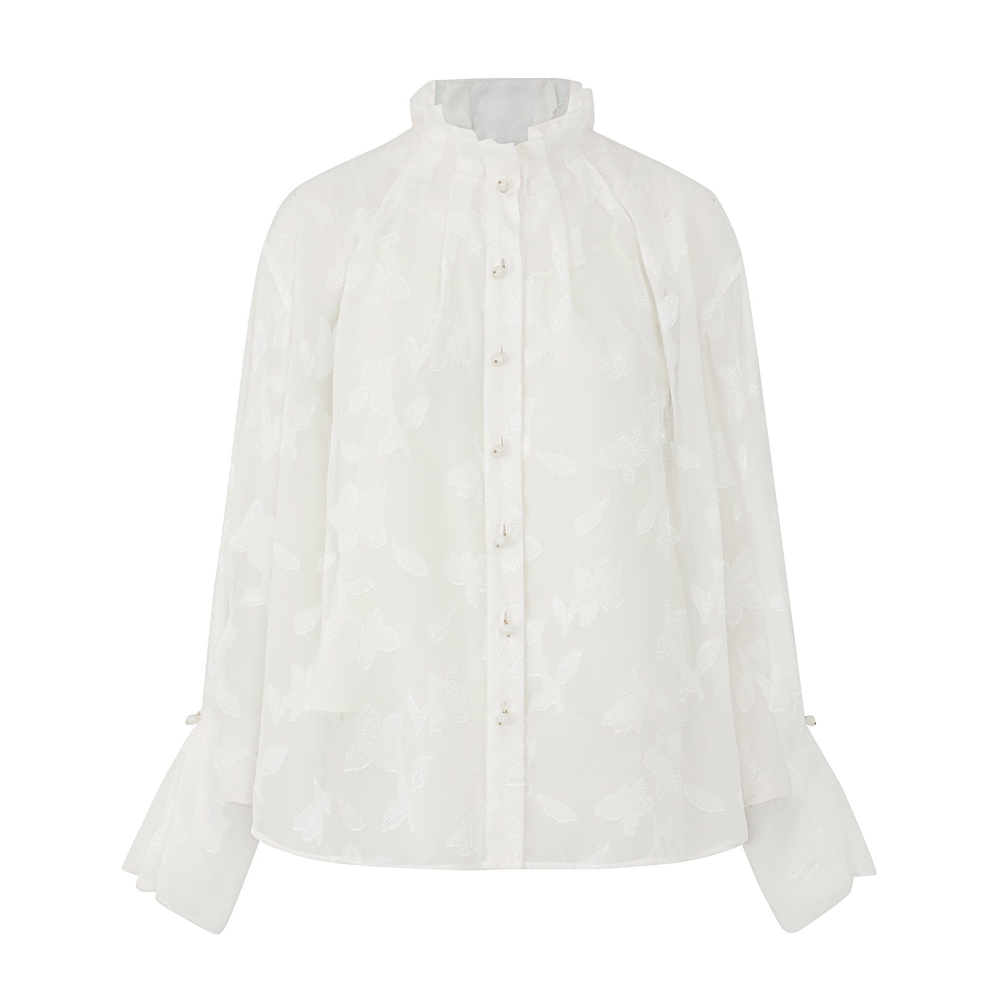 Textured Floral Stand Collar Long Sleeve Blouse