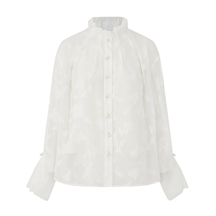Textured Floral Stand Collar Long Sleeve Blouse
