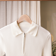 Women'S Polo Collar Half Open Chest Mid Sleeve Sweater