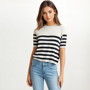 Women'S Round Neck Mid Sleeve Striped Shirt