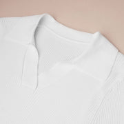 Polo Collar Short Sleeve Ribbed Top