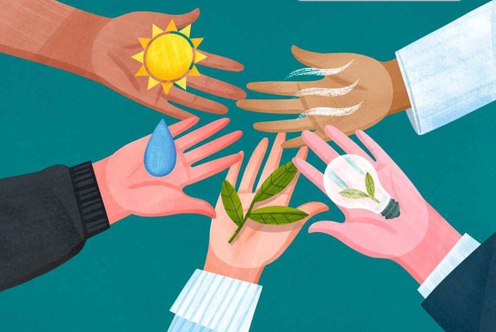 Illustrated hands holding earth day symbols